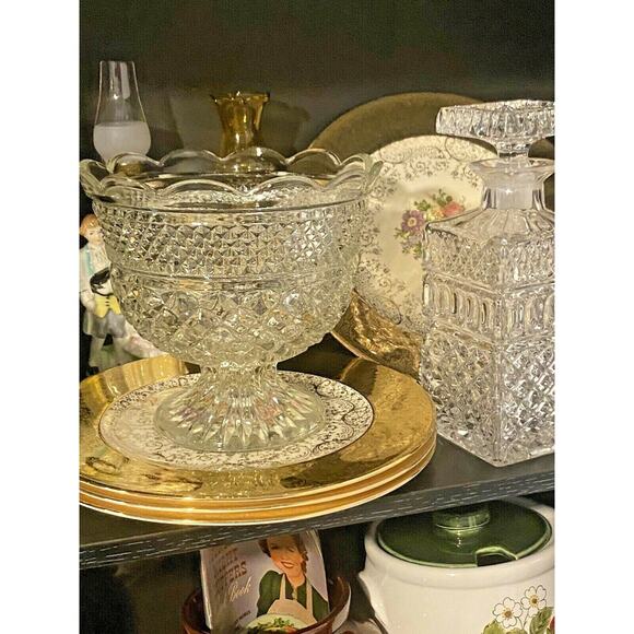 Vintage Anchor Hocking Crystal Wexford Glass Centerpiece Footed Bowl - Picture 4 of 12